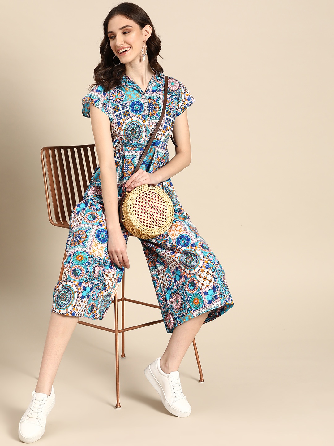 

Sangria Women Pure Cotton Ethnic Motifs Printed Culottes Jumpsuit, Blue