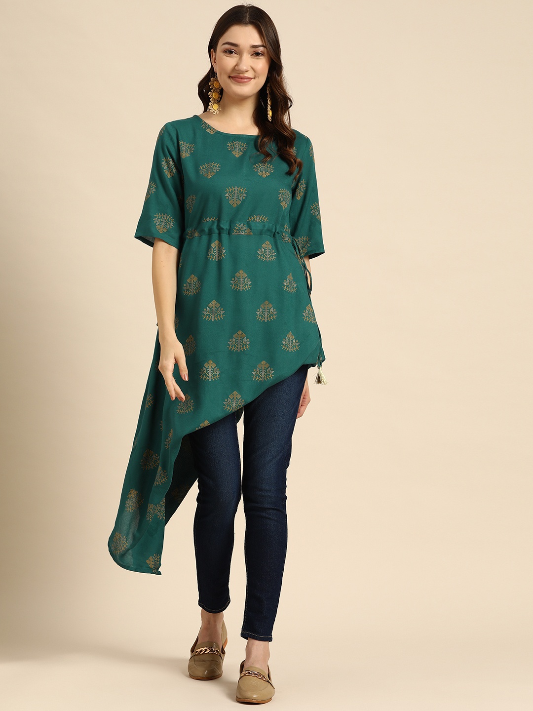 

Sangria Women Teal Green & yellow Ethnic Motifs Print A-Line Kurtas