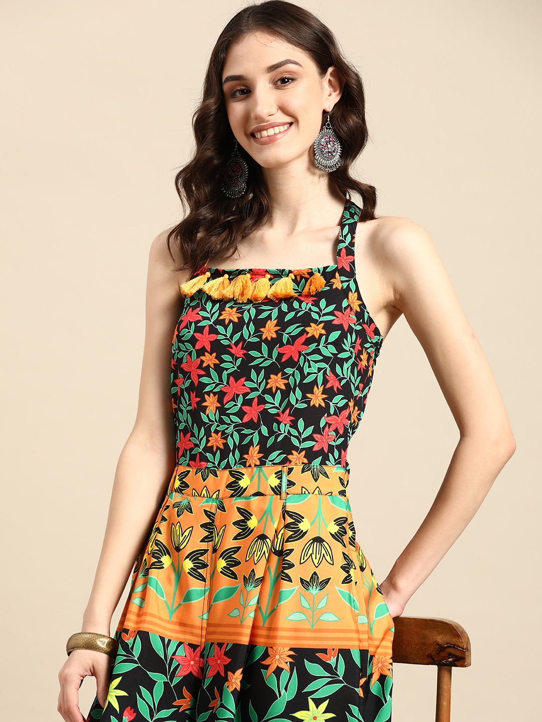 

Sangria Women Black & Orange Ethnic Motifs Printed Basic Jumpsuit