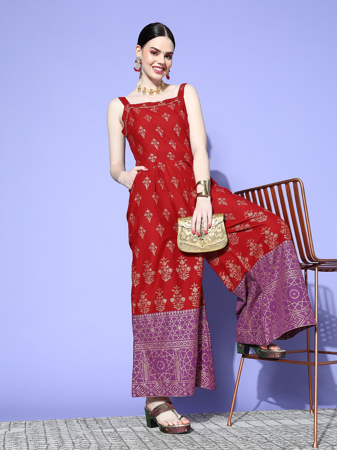 

Sangria Maroon & Golden Pure Cotton Printed Basic Jumpsuit
