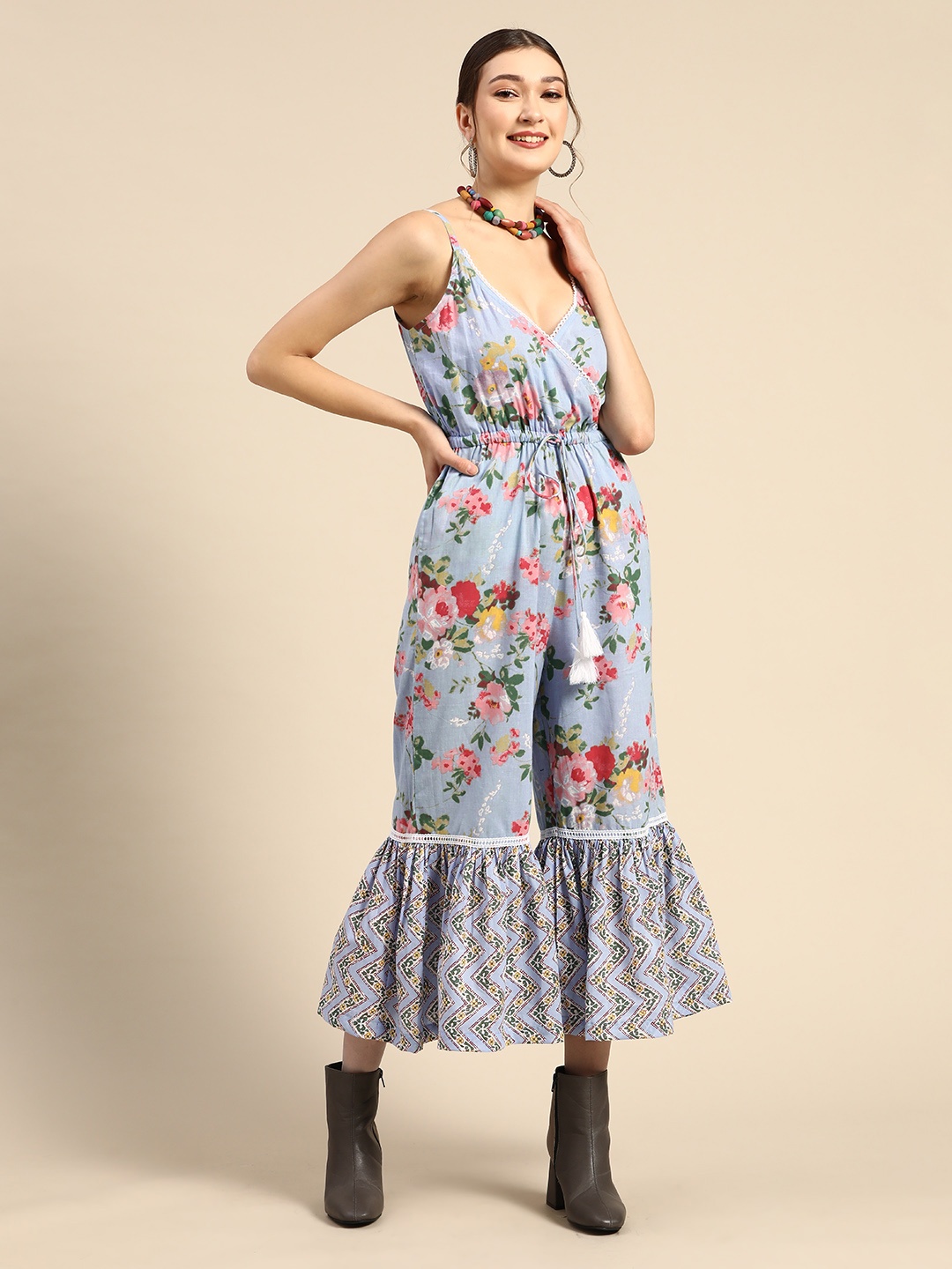 

Sangria Blue & Pink Floral Printed Pure Cotton Culotte Jumpsuit