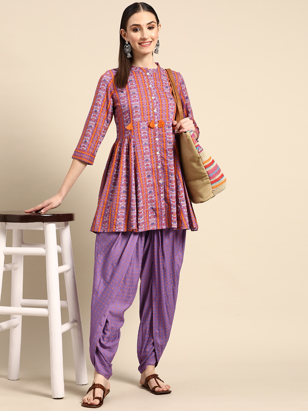 

Sangria Women Purple Ethnic Motifs Printed Kurti with Dhoti Pants