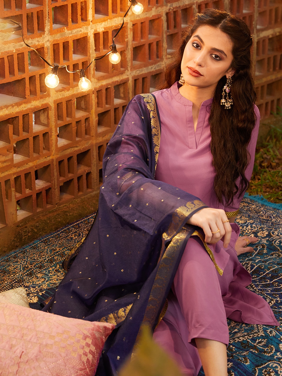 

Sangria Women Mauve Solid Kurta with Trousers & Dupatta