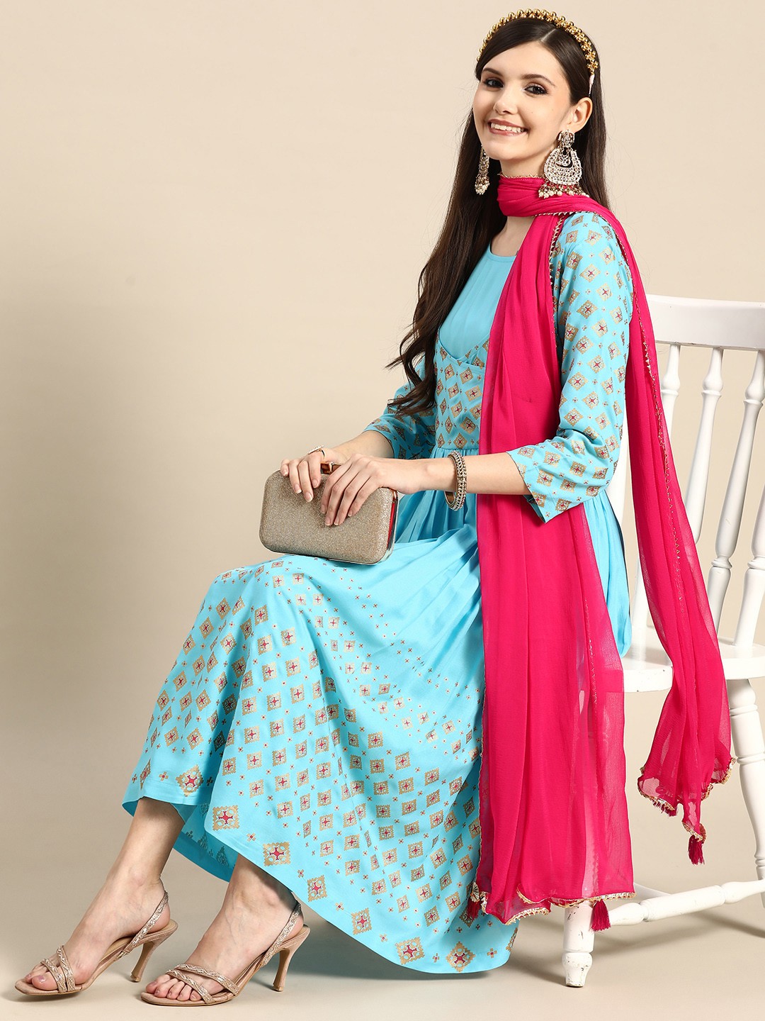 

Sangria Women Blue & Golden Ethnic Printed Angrakha Kurta with Trousers & With Dupatta