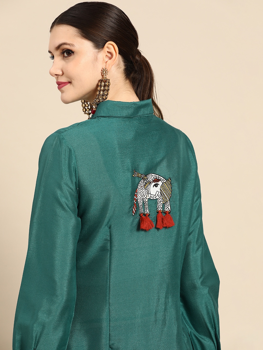 

Sangria Women Teal Green & Rust Brown Solid Patchwork Detail Pathani Kurta with Trousers