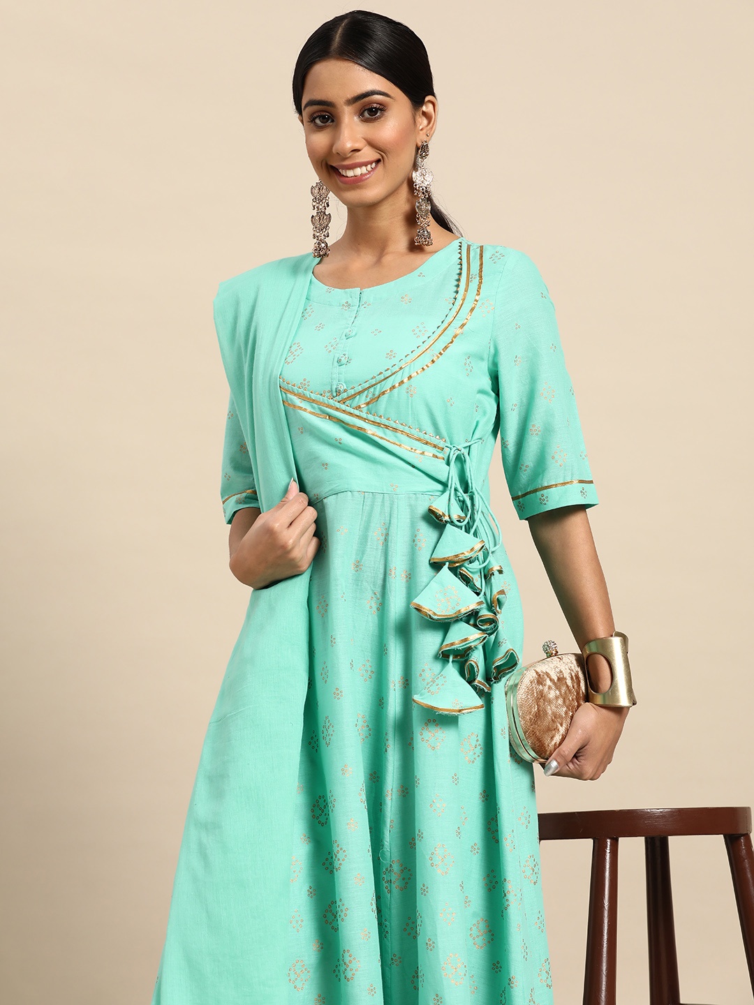 

Sangria Women Green Printed Angrakha Pure Cotton Kurta with Trousers & Dupatta