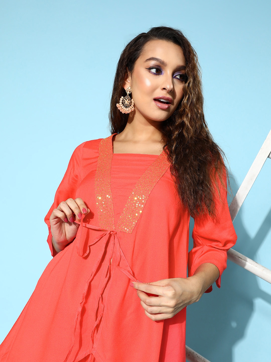 

Sangria Shimmer & Sequin Slit Detailed Kurta with Palazzos, Coral