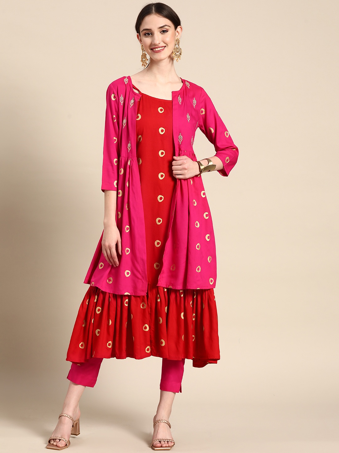 

Sangria Women Printed Layered Kurta with Trousers, Red