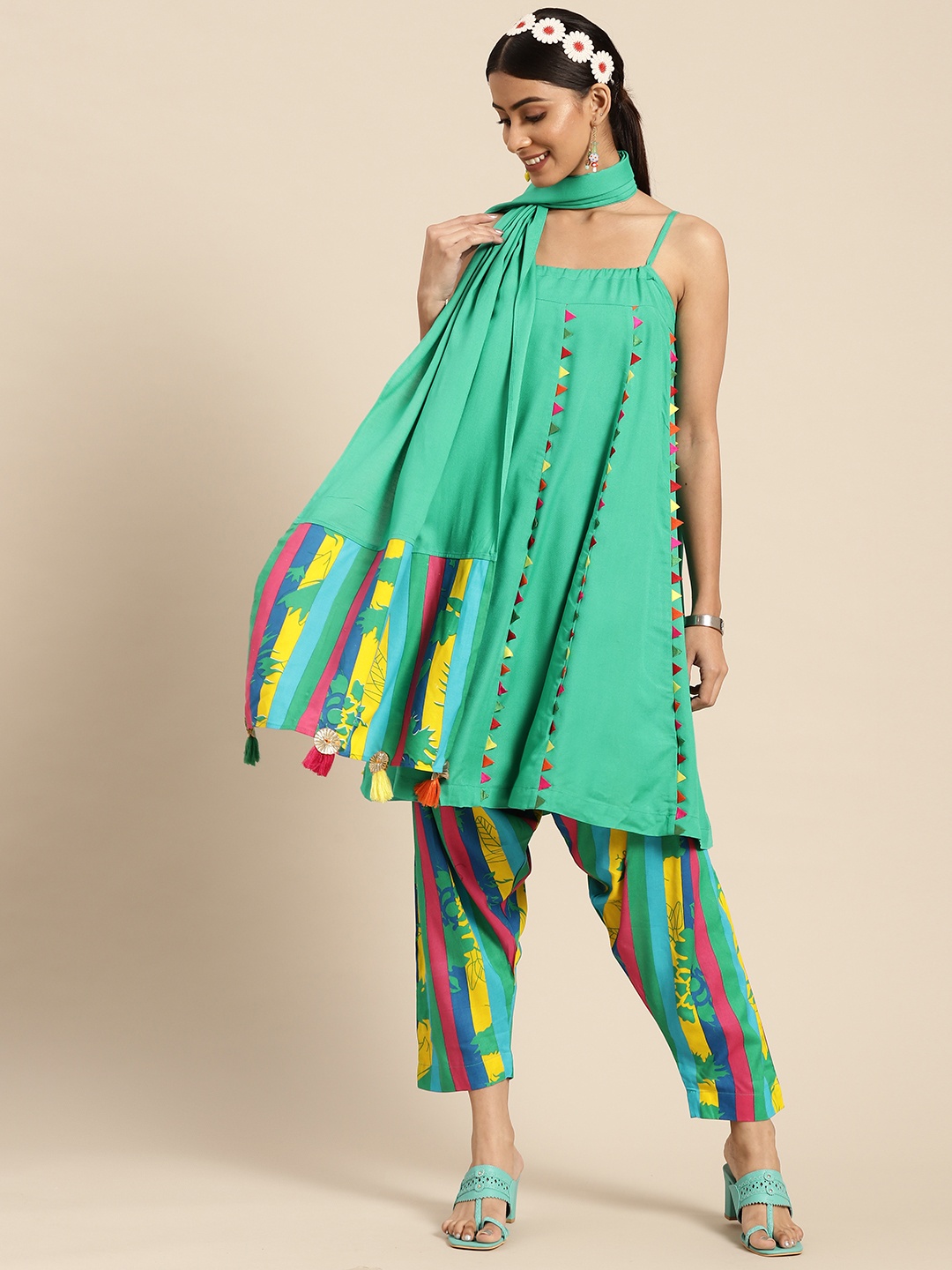

Sangria Women Sea Green Striped Panelled Kurta with Printed Trousers & Dupatta, Teal
