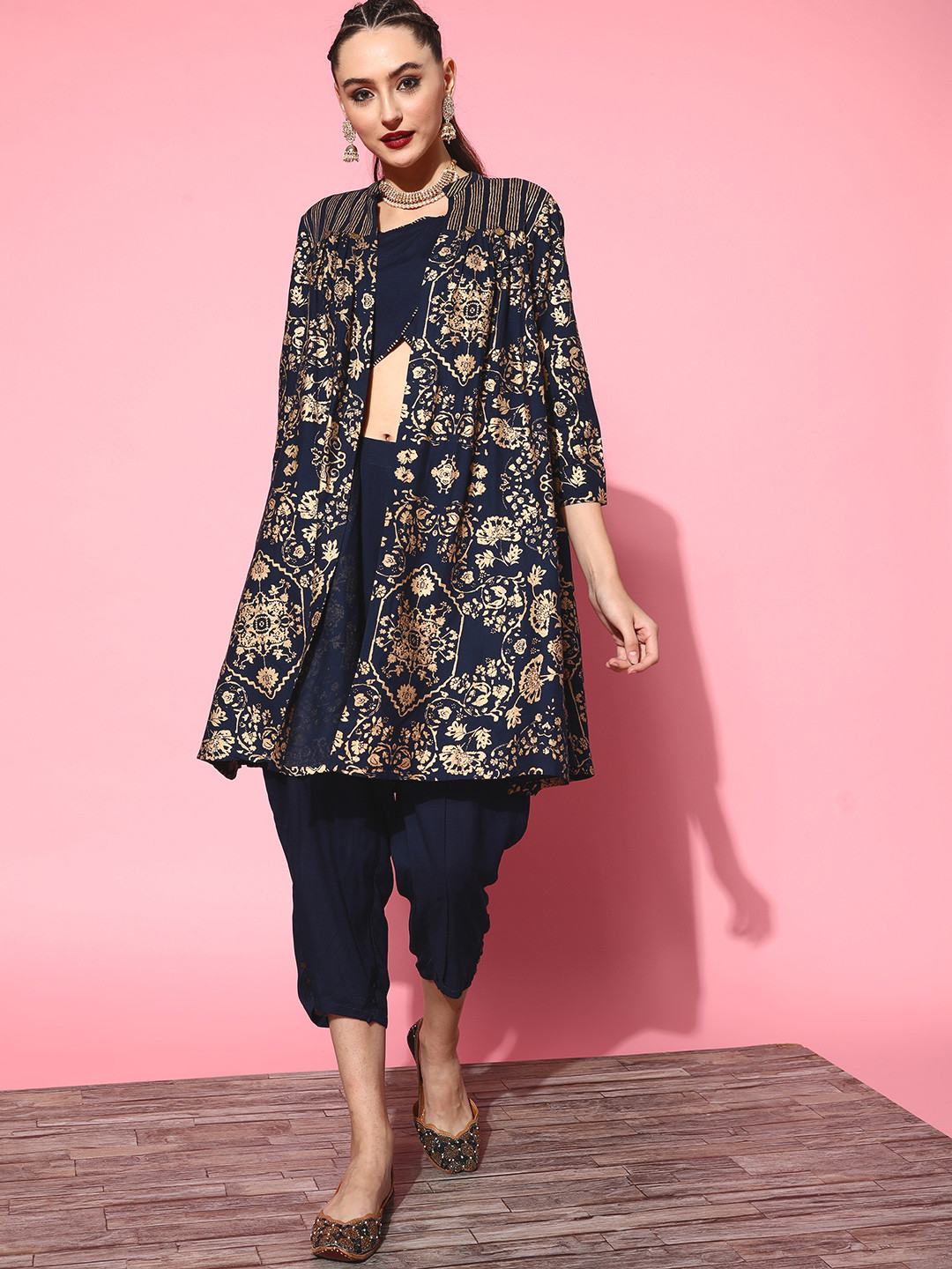 

Sangria Women Navy Blue & Golden Solid Co-Ords With Printed Ethnic Jacket