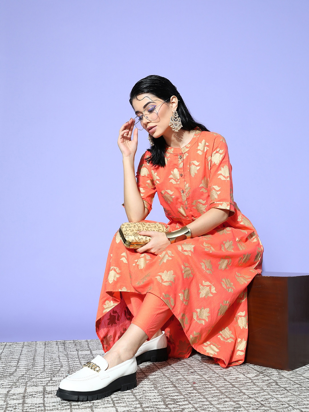

Sangria Women Floral Pure Cotton Fusion Bottom Kurta Set, Peach