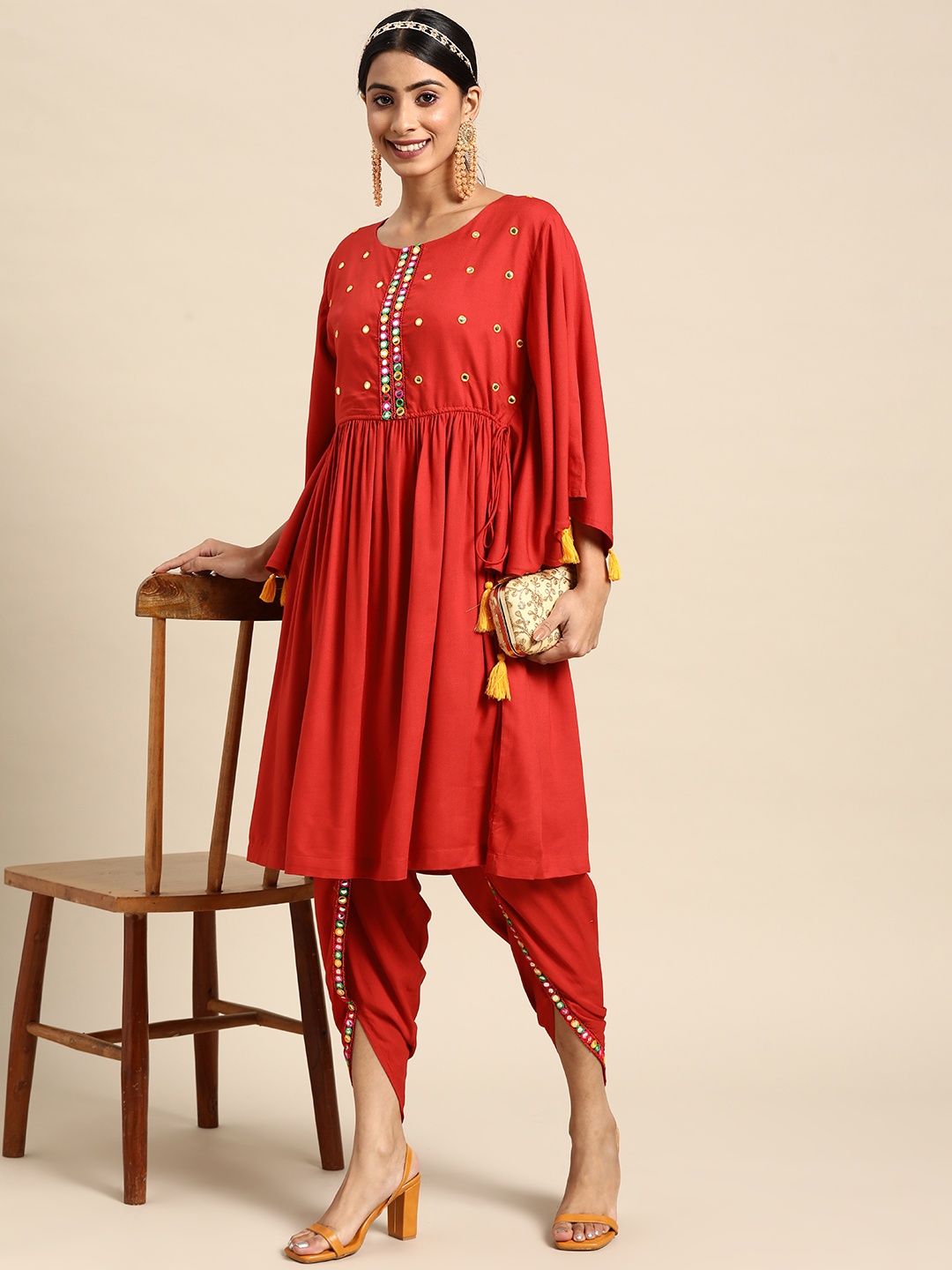 

Sangria Women Rust Red Solid Mirror Work Kurta with Dhoti Pants