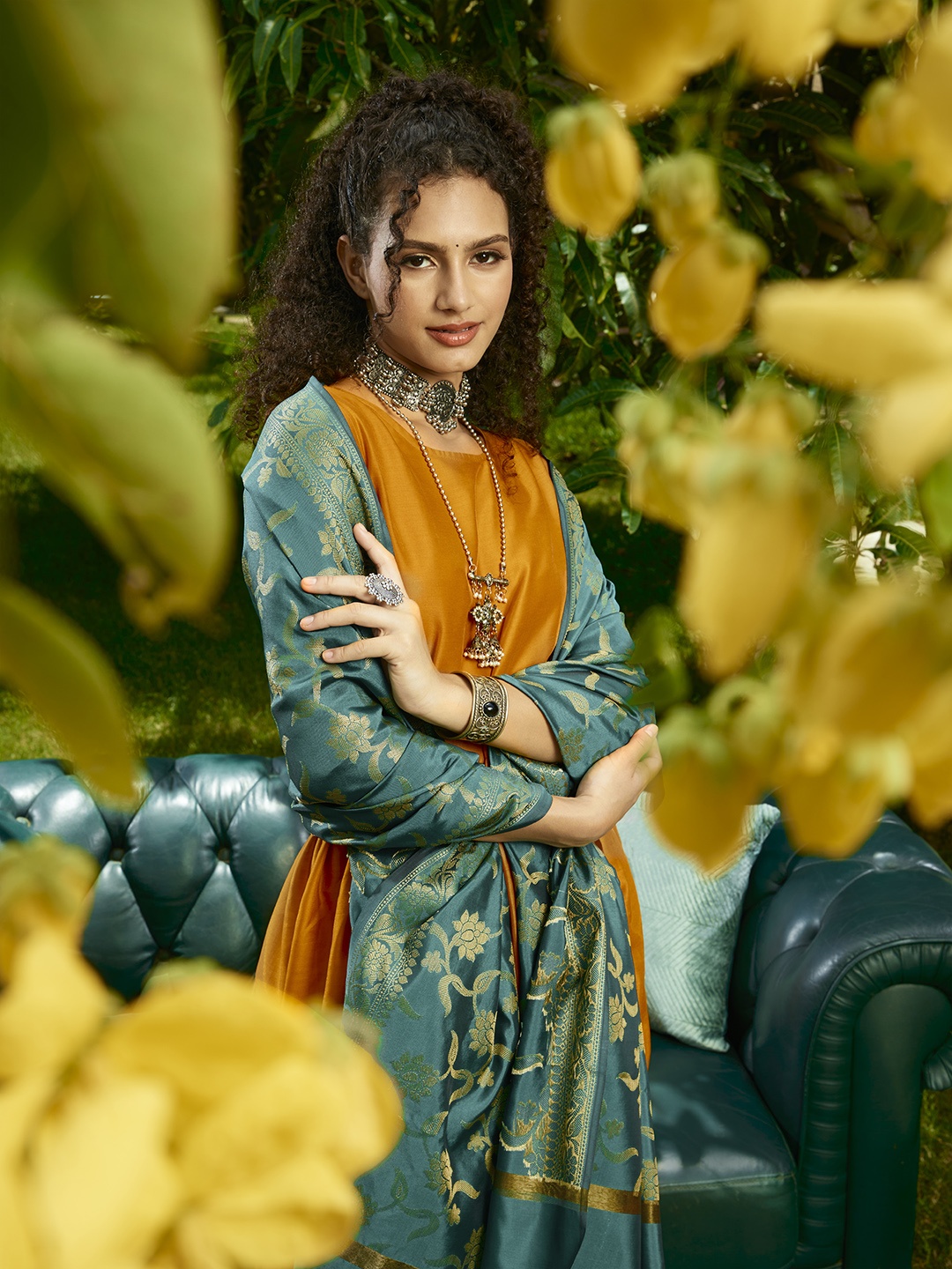

Sangria Women Mustard Yellow Ethnic Motifs Kurta with Trousers & With Dupatta
