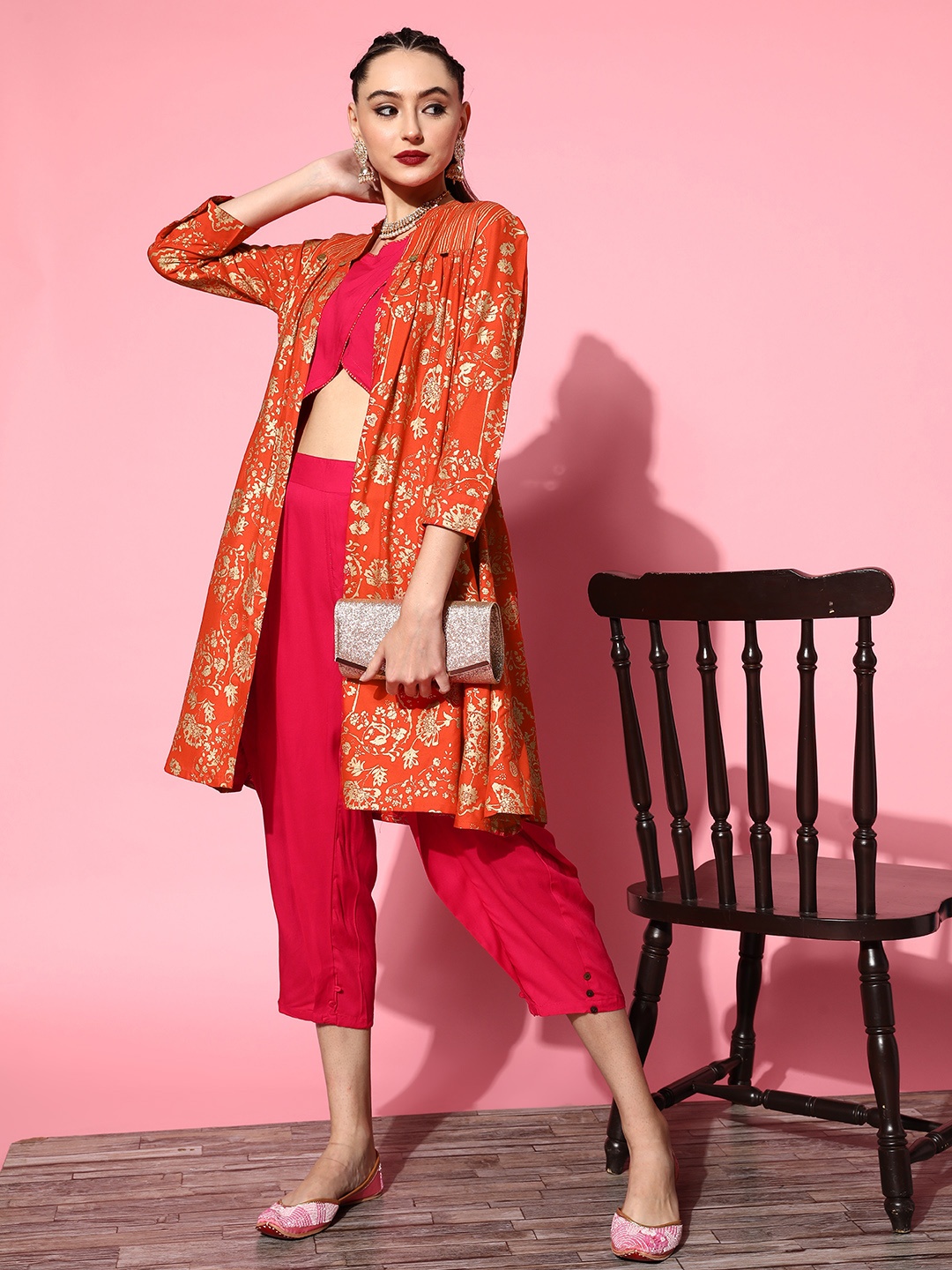 

Sangria Women Orange & Pink Solid Co-Ords With Printed Ethnic Jacket