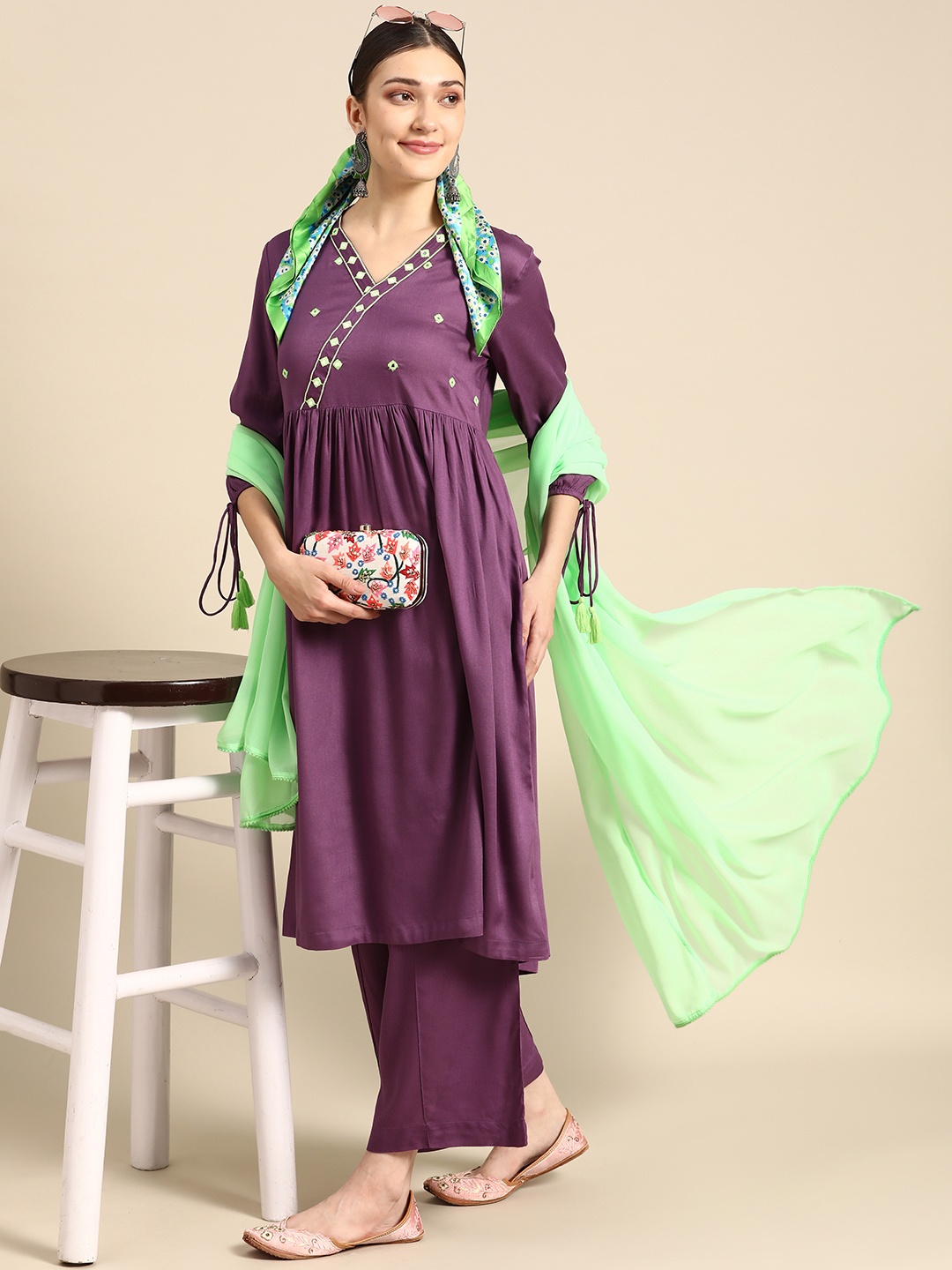 

Sangria Women Purple Ethnic Motifs Embroidered Pleated Thread Work Kurta with Palazzos & With Dupatta