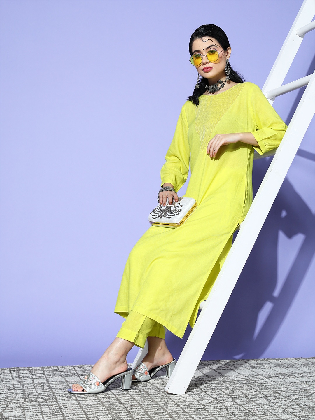 

Sangria Women Lime Green Sequinned Yoke Design Kurta with Trousers