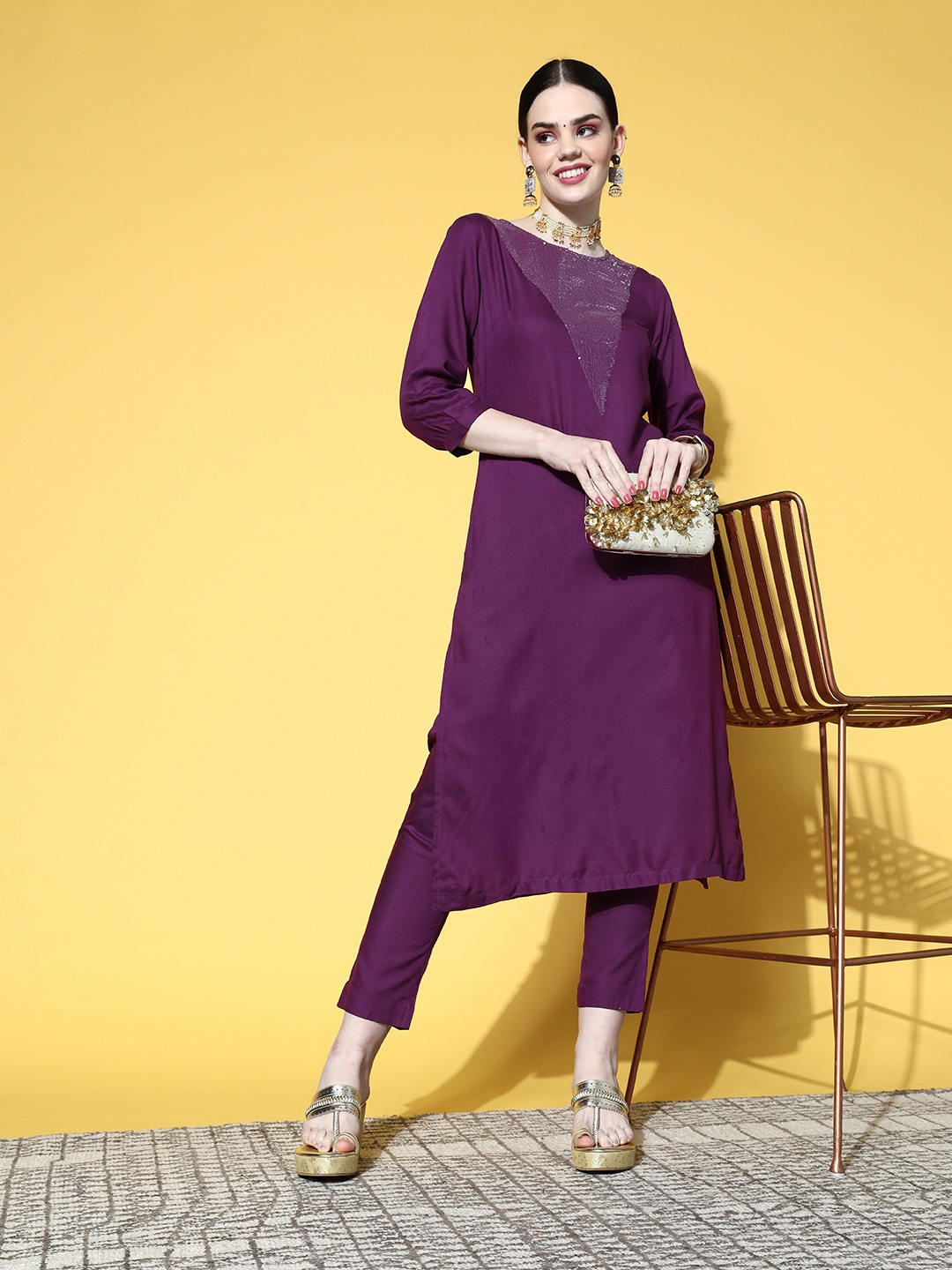 

Sangria Women Purple Sequinned Yoke Design Kurta with Trousers