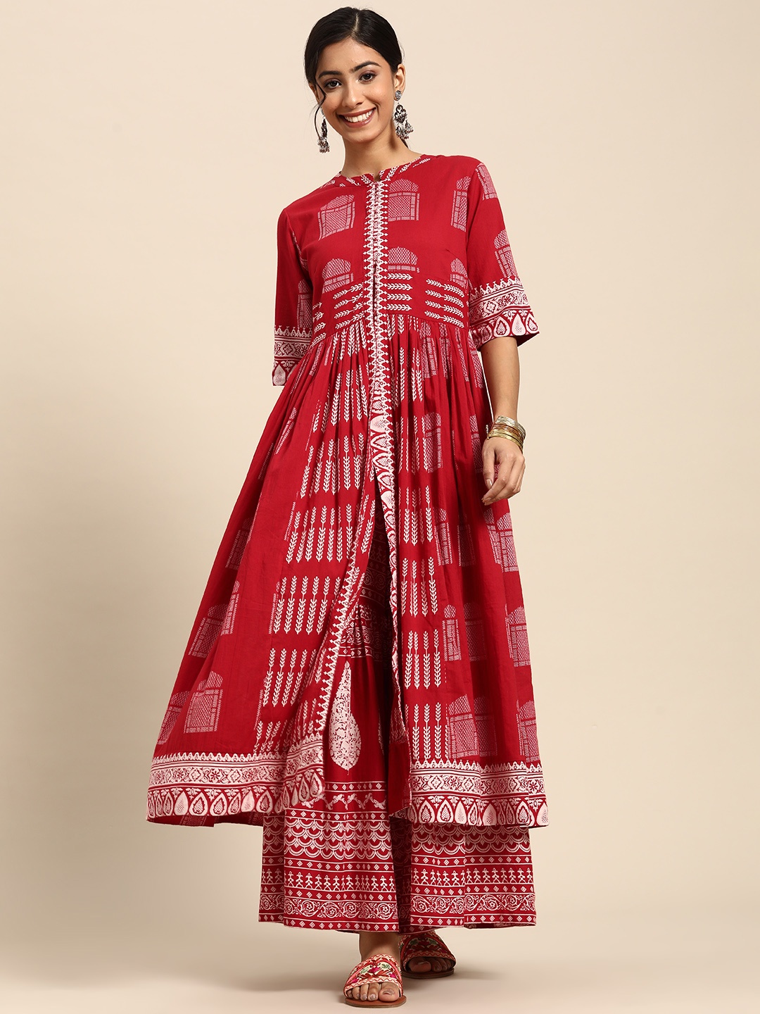 

Sangria Women Red & Off-White Ethnic Motifs Printed Pure Cotton Kurta with Palazzos