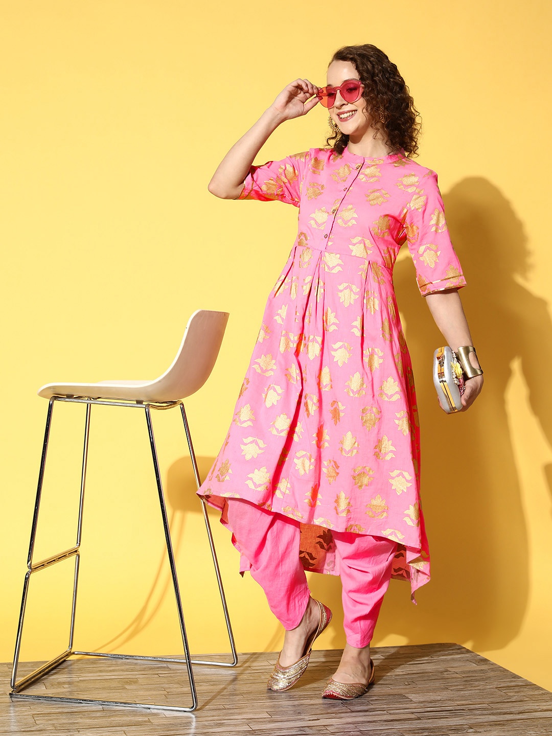 

Sangria Women Pink Ethnic Motifs Printed Pure Cotton Kurta with Dhoti Pants