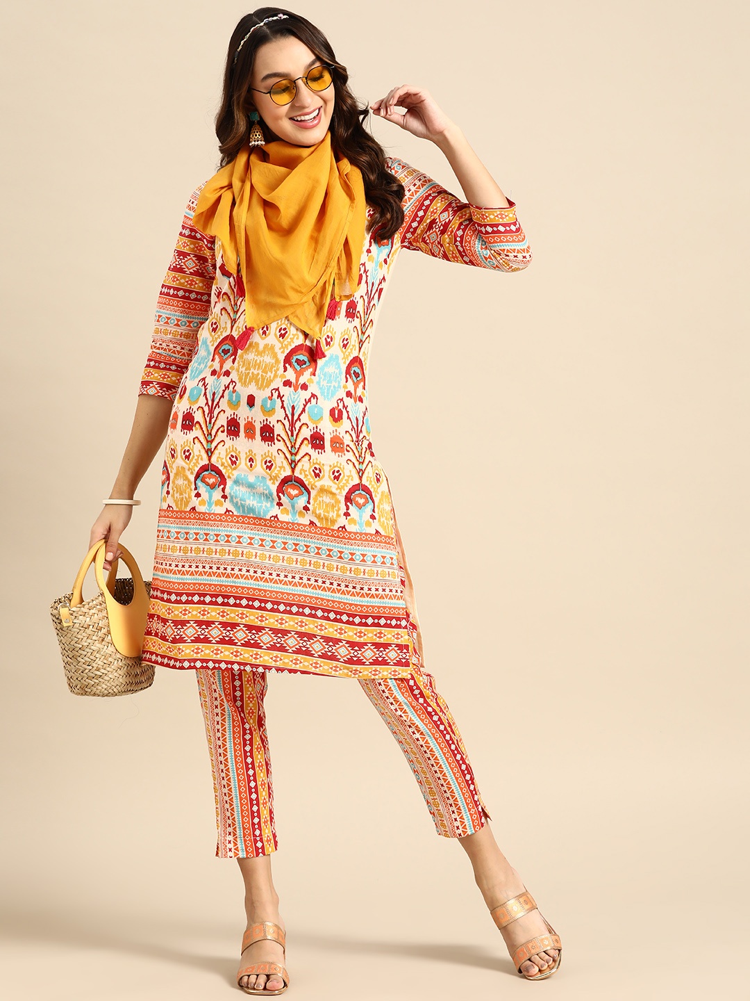 

Sangria Women Printed Pure Cotton Kurta with Trousers & Dupatta, Mustard