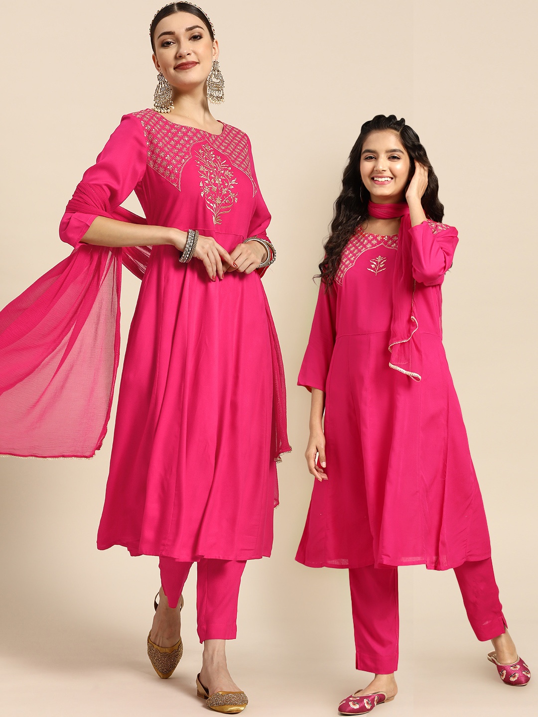 

Sangria Women Pink Embroidered Sequinned Pleated A-Line Kurta with Trousers & Dupatta