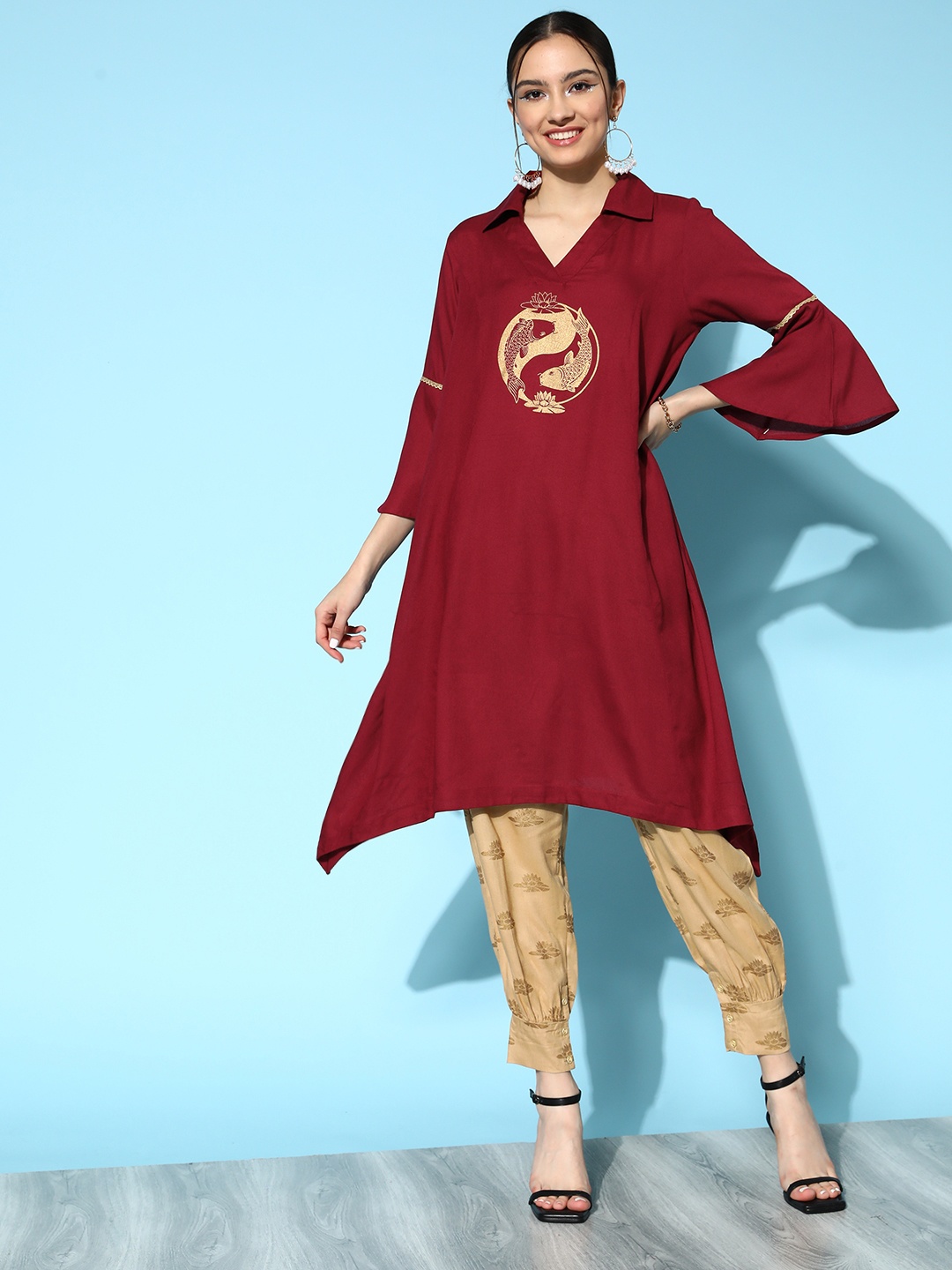 

Sangria Women Maroon Ethnic Motifs Printed Kurta with Harem Pants