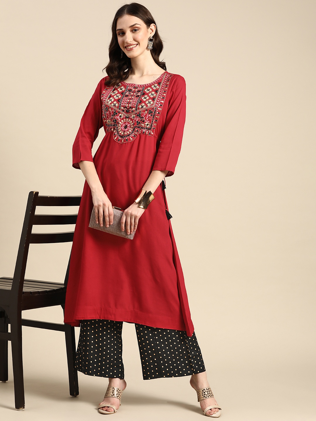 

Sangria Women Red & Black Ethnic Motifs Embroidered Yoke Design Kurta with Palazzos