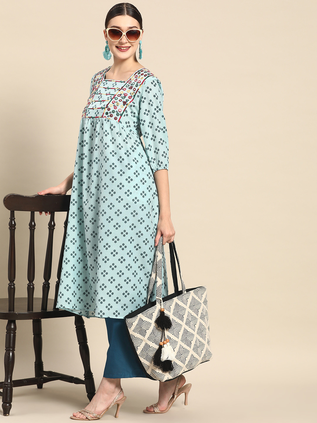 

Sangria Women Blue & Red Ethnic Motifs Printed Empire Mirror Work Kurta with Trousers