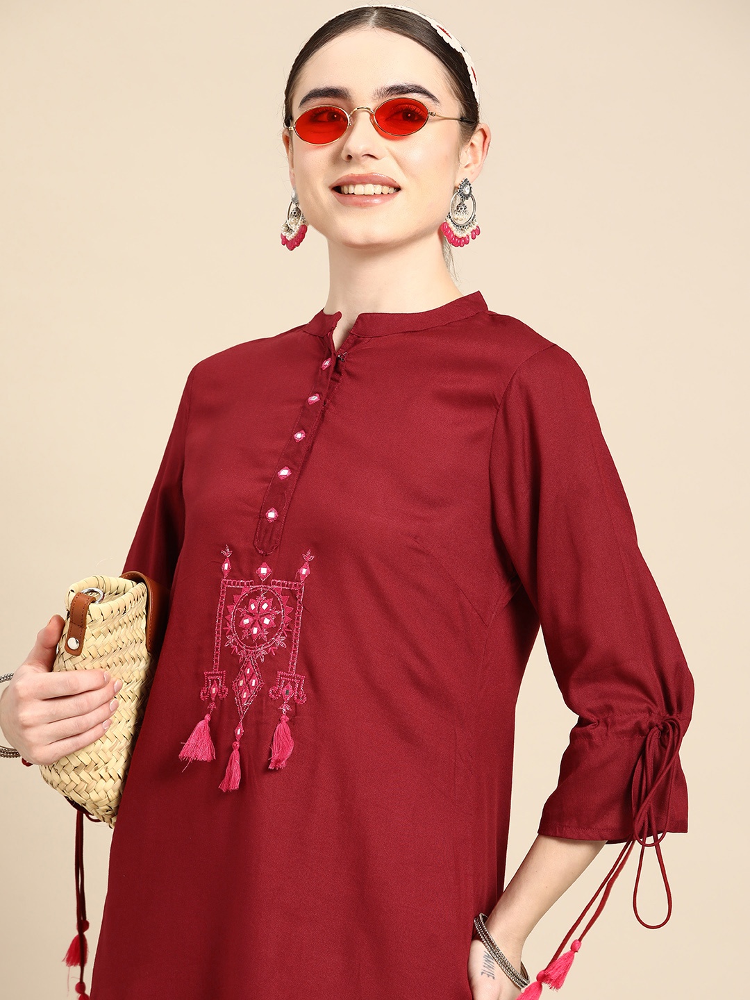 

Sangria Women Mirror Work Detail Kurta with Salwar, Red