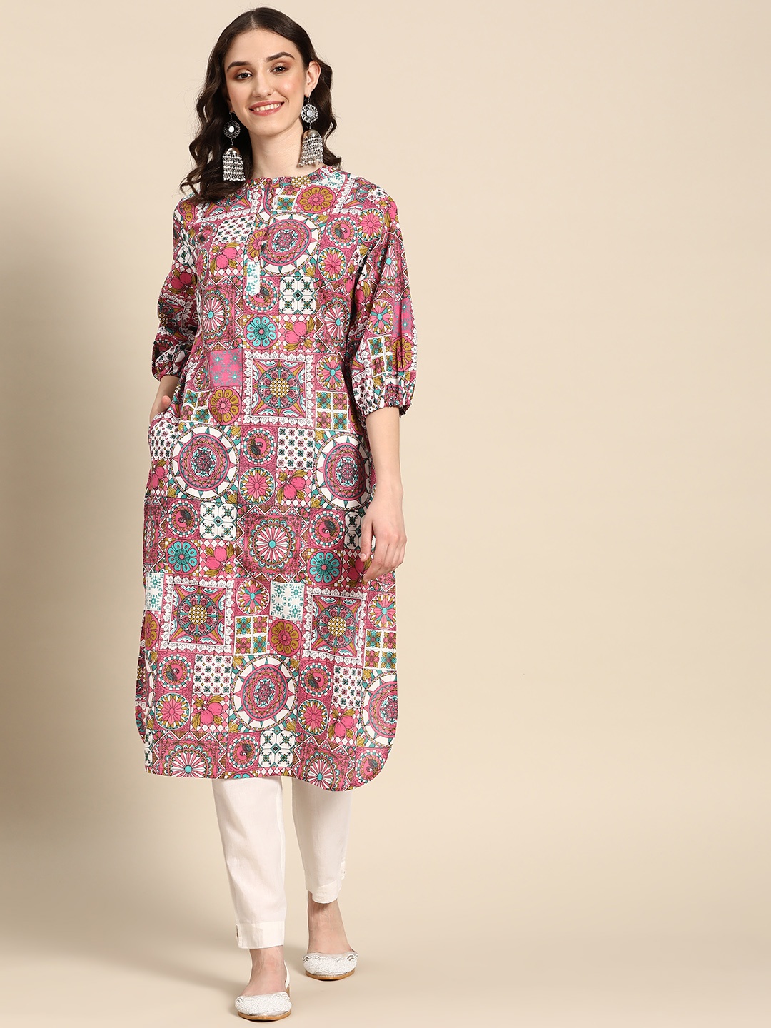 

Sangria Women Cotton Ethnic Motifs Printed Kurta, Pink