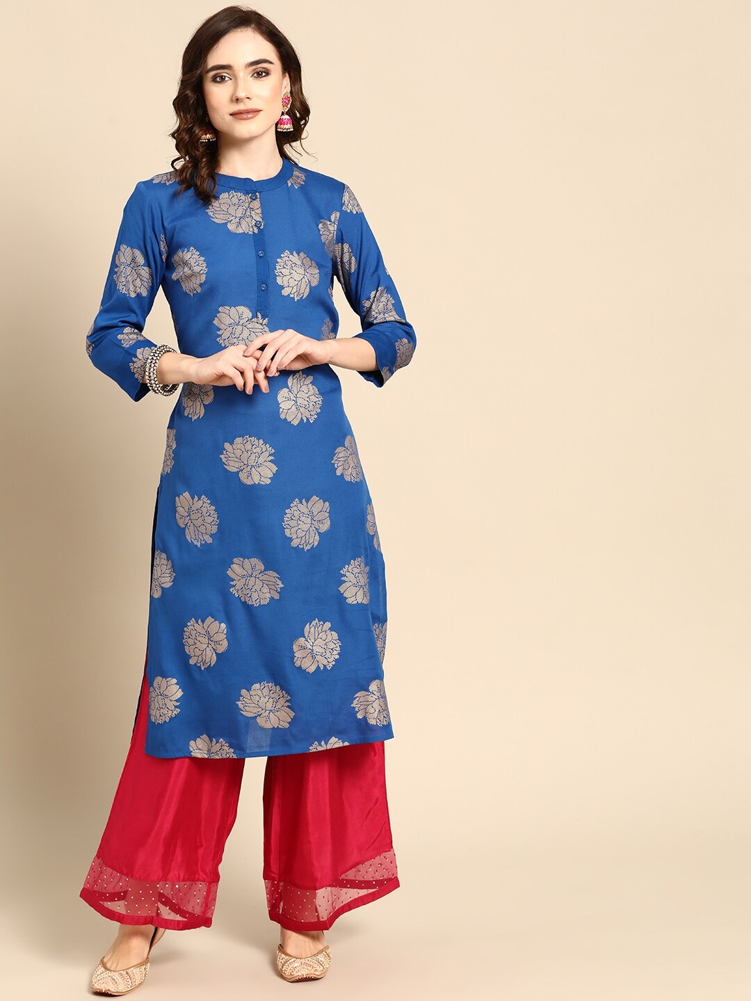 

Sangria Women Blue & Golden Ethnic Motifs Printed Kurta