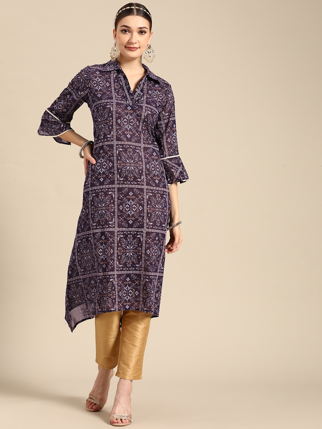 

Sangria Women Purple & Golden Ethnic Motifs Print Bell Sleeves Kurta