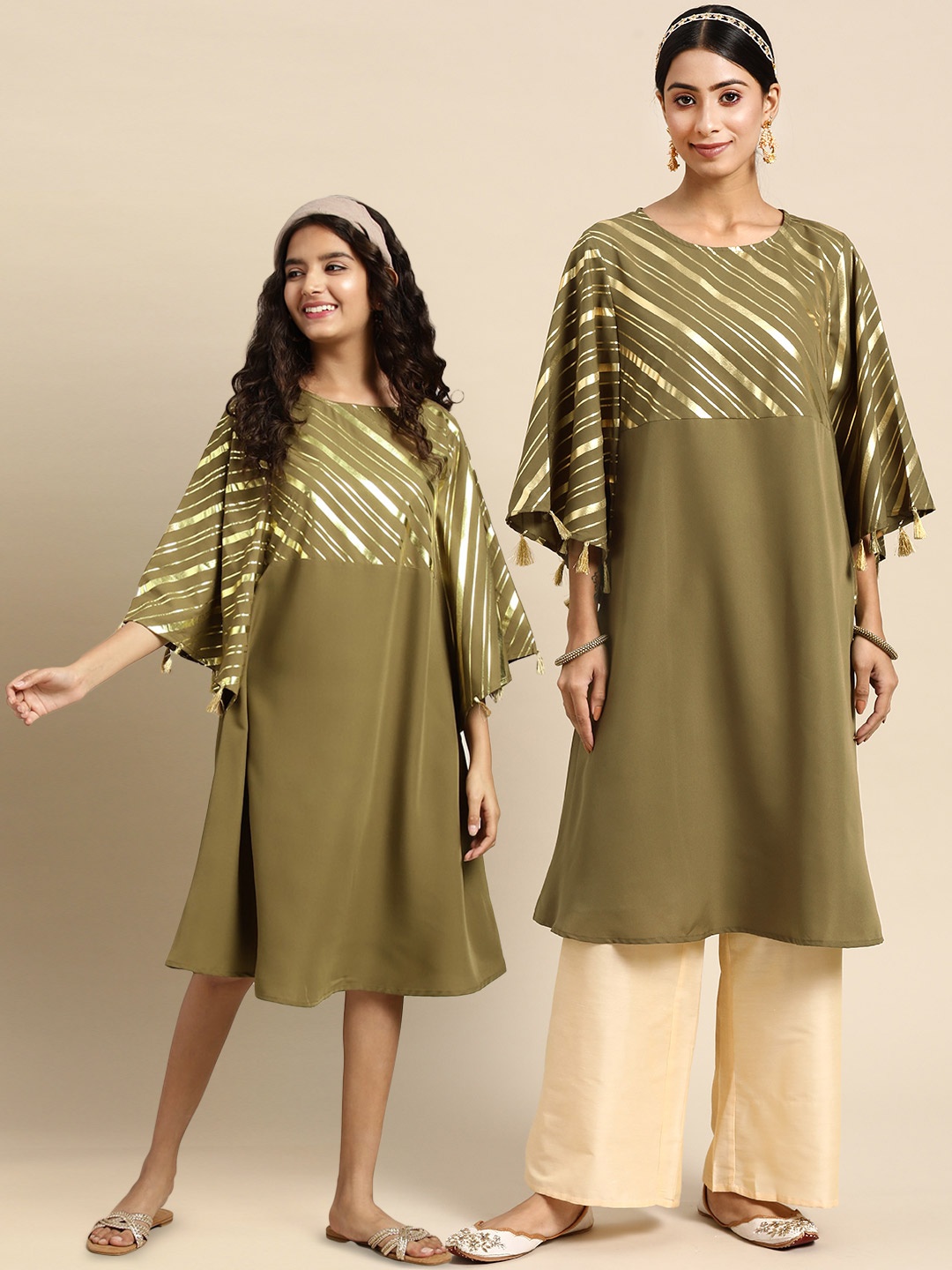 

Sangria Women Olive Green & Golden Striped Kaftan Kurta