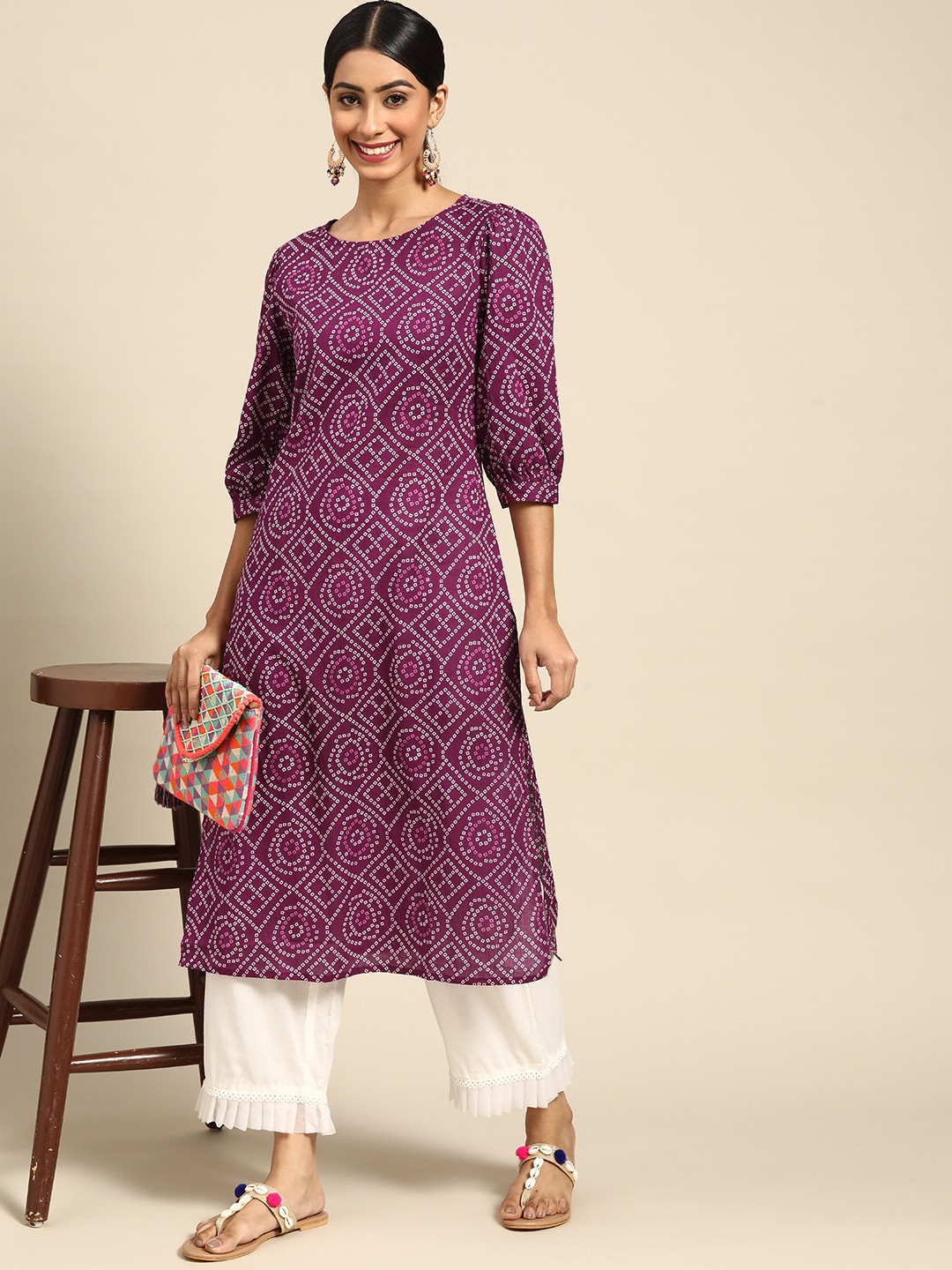 

Sangria Women Purple & White Cotton Bandhani Printed Kurta