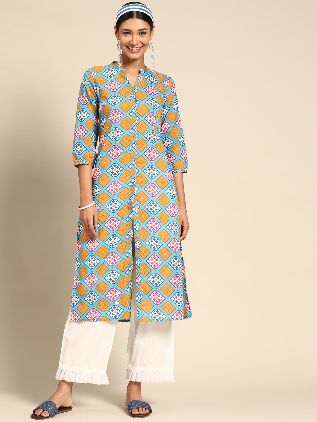 

Sangria Women Blue & Mustard Yellow Ethnic Motifs Printed Kurta