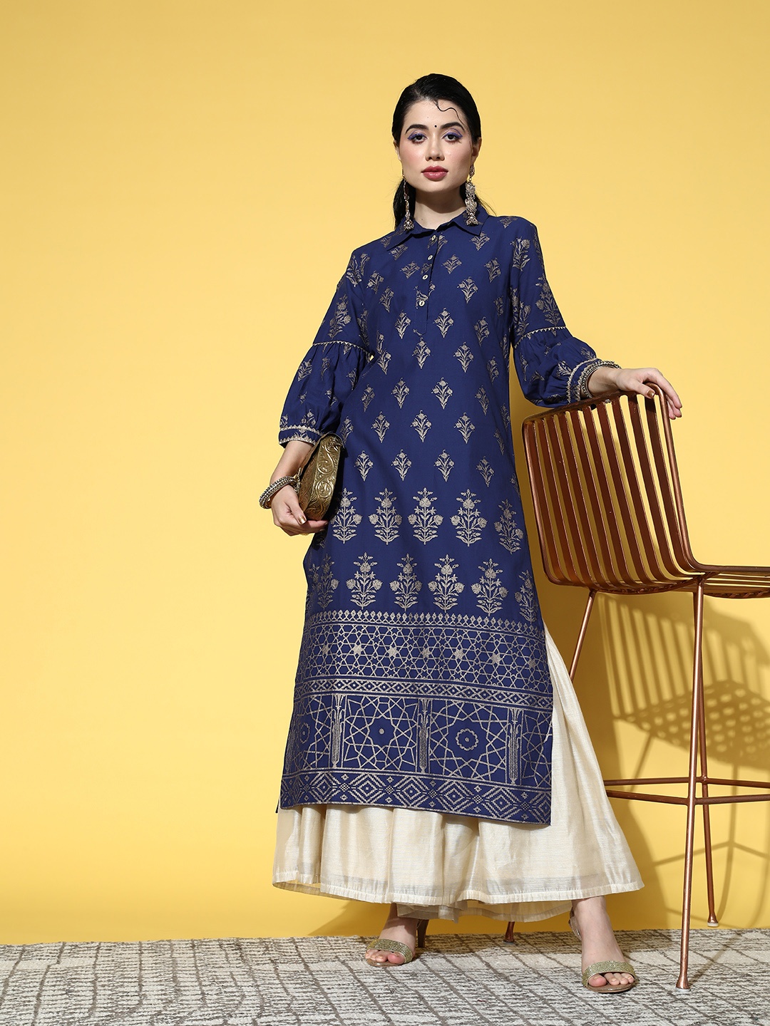 

Sangria Women Navy Blue & White Cotton Ethnic Motifs Printed Kurta