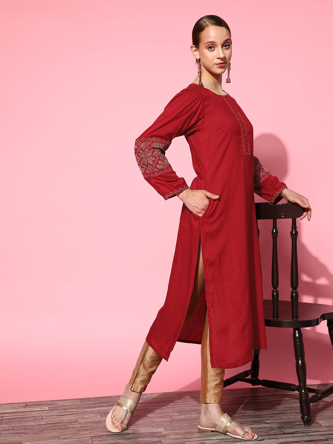 

Sangria Women Maroon & Golden Ethnic Motifs Embroidered Kurta