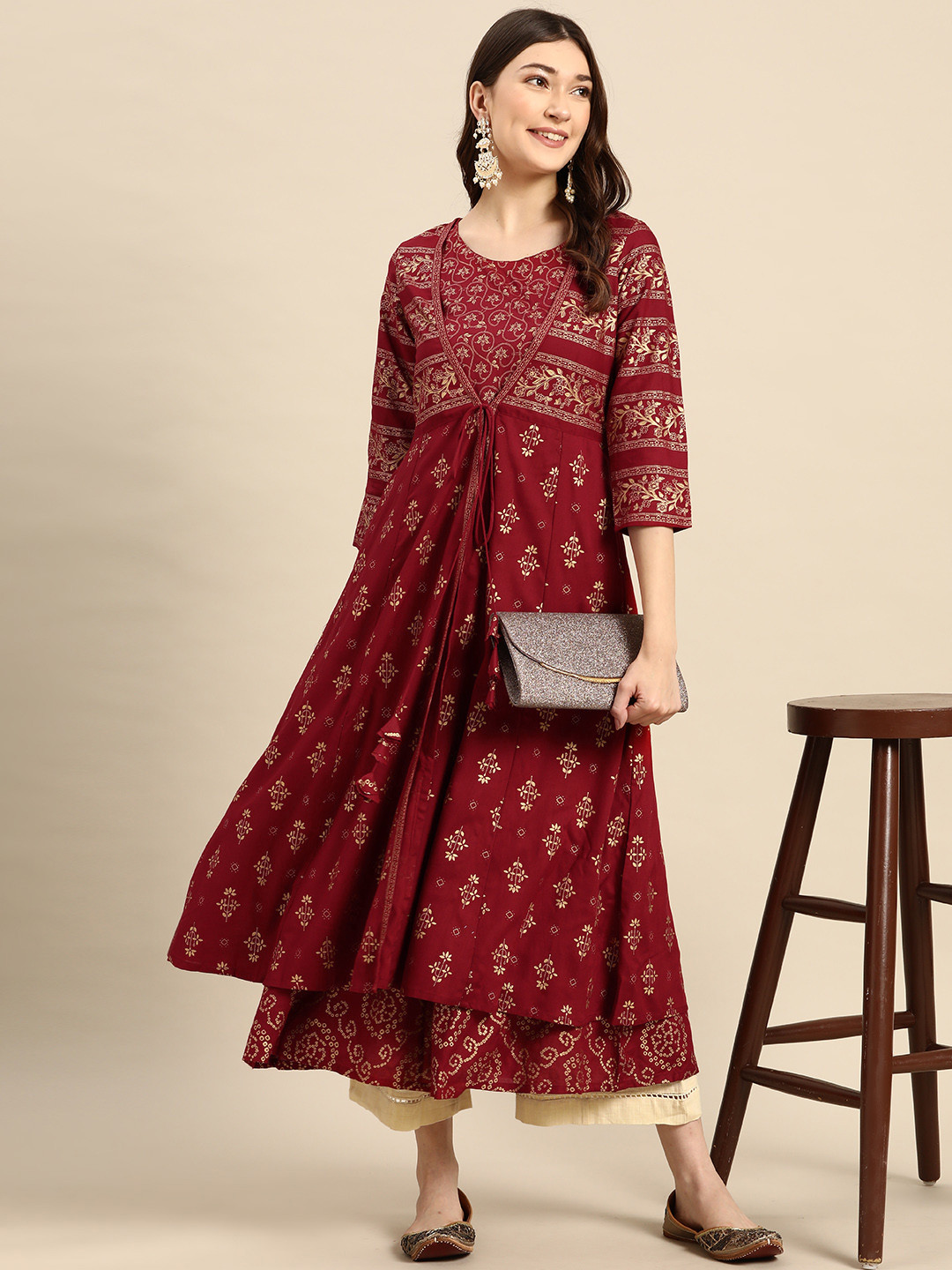 

Sangria Women Red & Golden Ethnic Motifs Printed Kurta