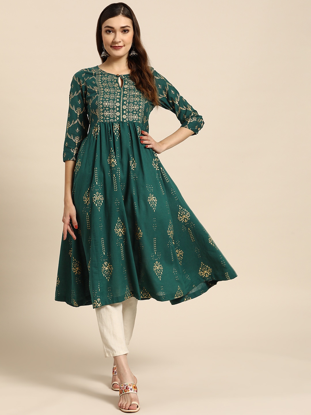 

Sangria Women Green & Golden Ethnic Motifs Printed Keyhole Neck Pure Cotton Anarkali Kurta