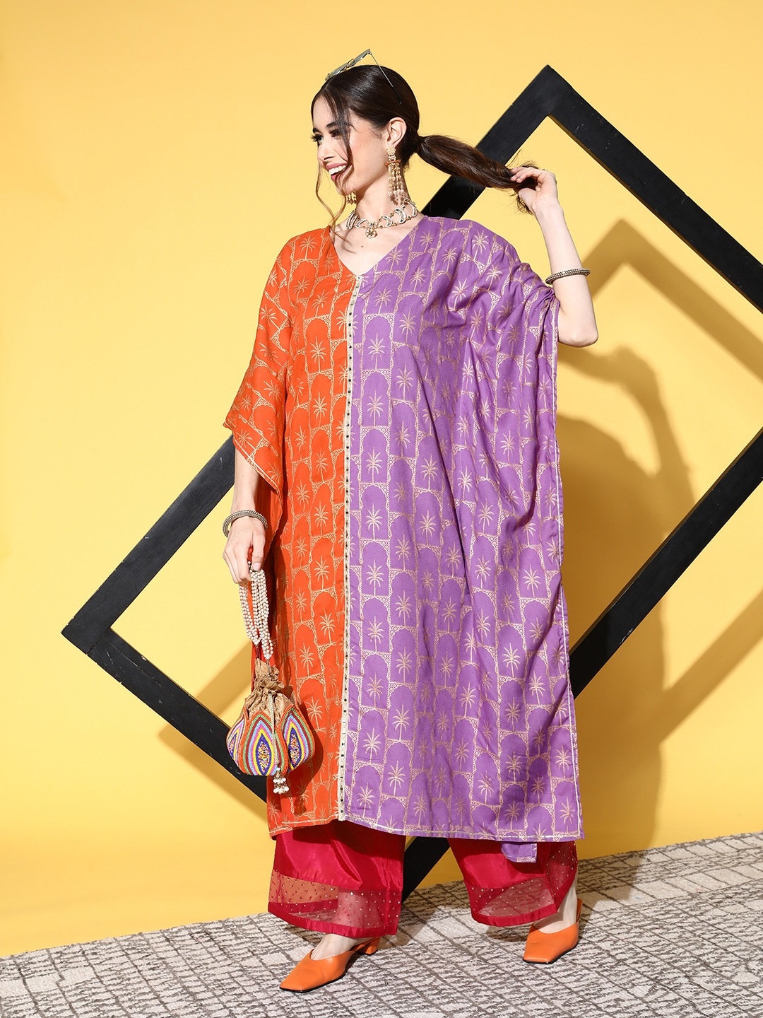 

Sangria Women Rust & Purple Printed Flared Sleeves Kaftan Kurta