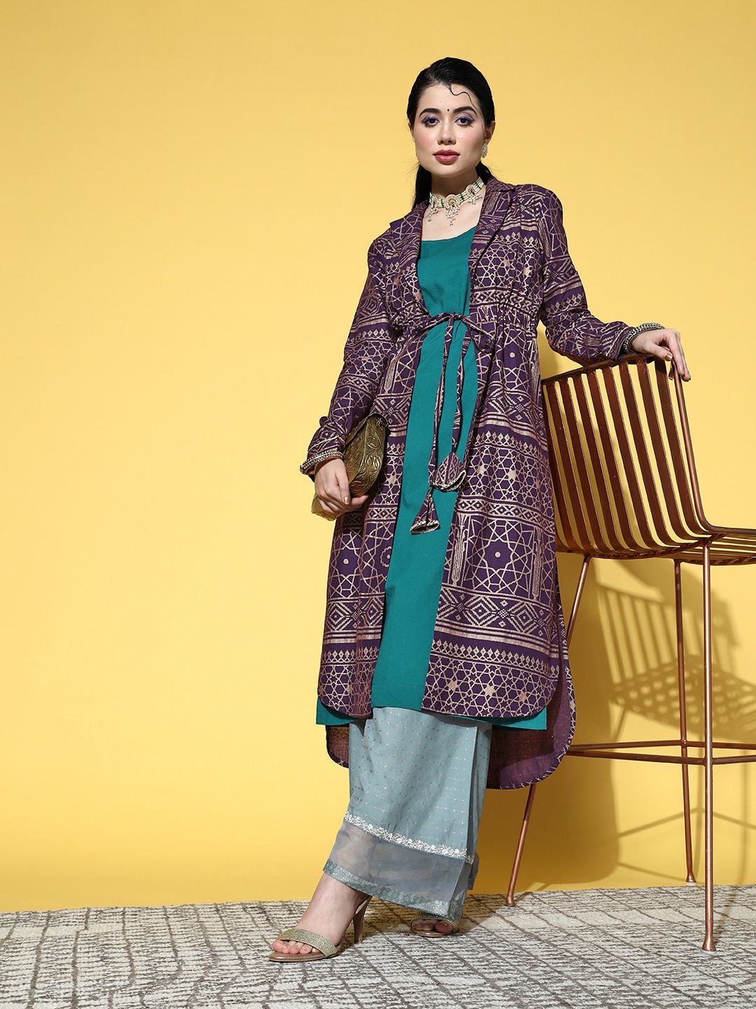 

Sangria Women Teal Blue & Purple Ethnic Motifs Printed Pure Cotton Kurta with Jacket