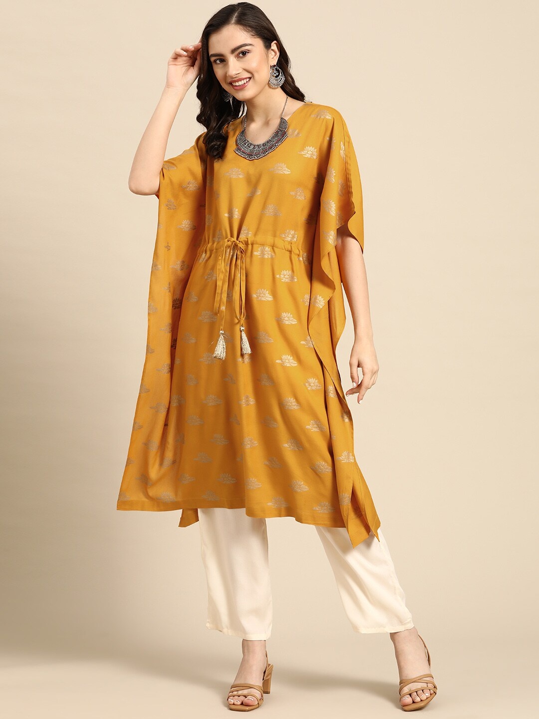 

Sangria Women Mustard Yellow & Golden Ethnic Motifs Printed Kaftan Kurta