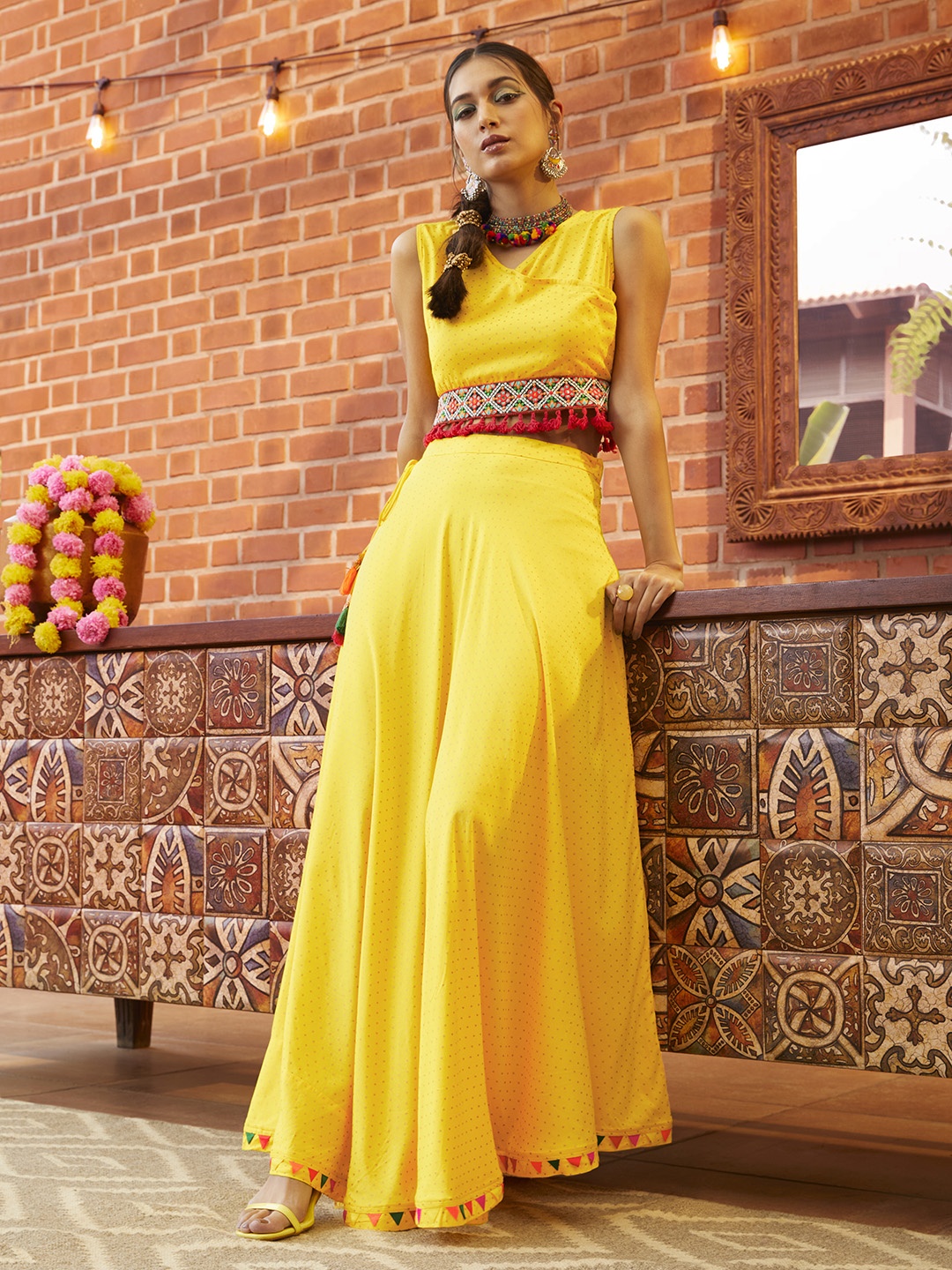 

Sangria Yellow Printed Thread Work Tassel Detail Ready to Wear Lehenga Choli