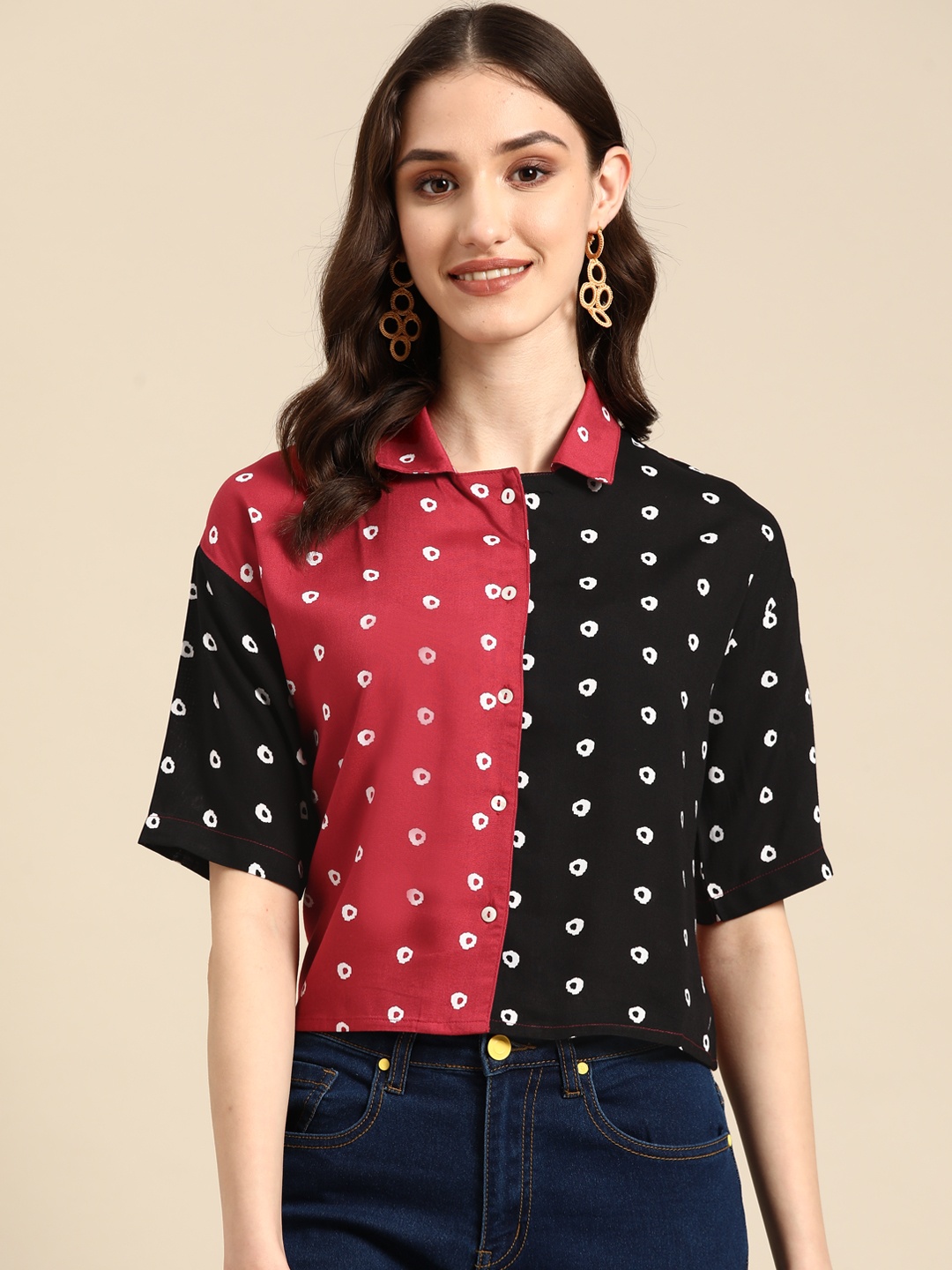 

Sangria Bandhani Print Pure Cotton Shirt Style Top, Red