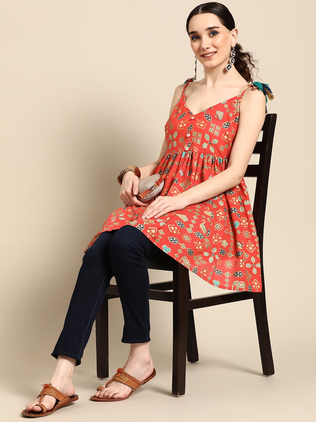 

Sangria Orange & Golden Printed Longline Fusion Top