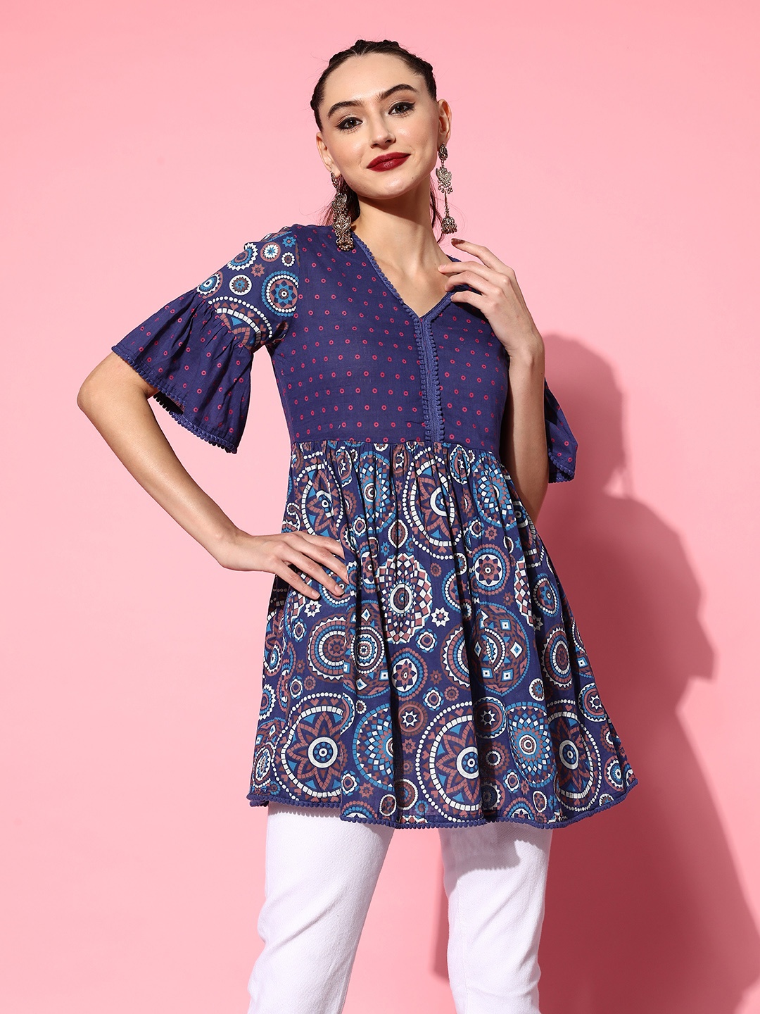 

Sangria Navy Blue Ethnic Motifs Print Mix Top