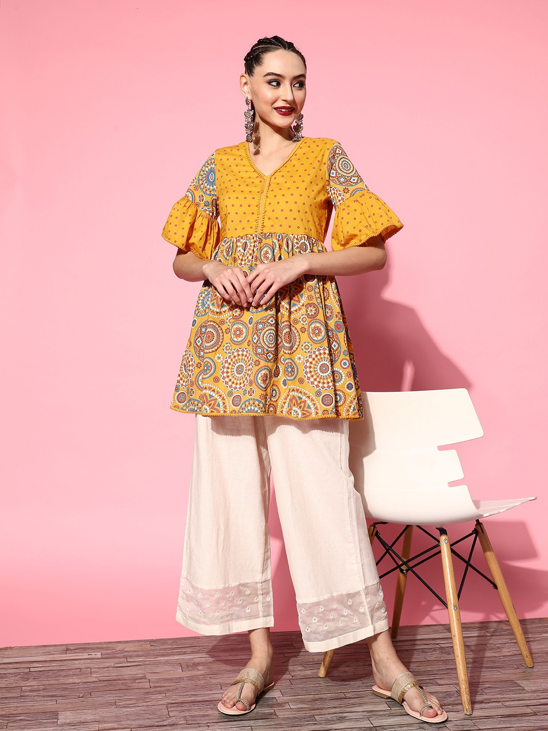 

Sangria Mustard Ethnic Motifs Print Mix Top