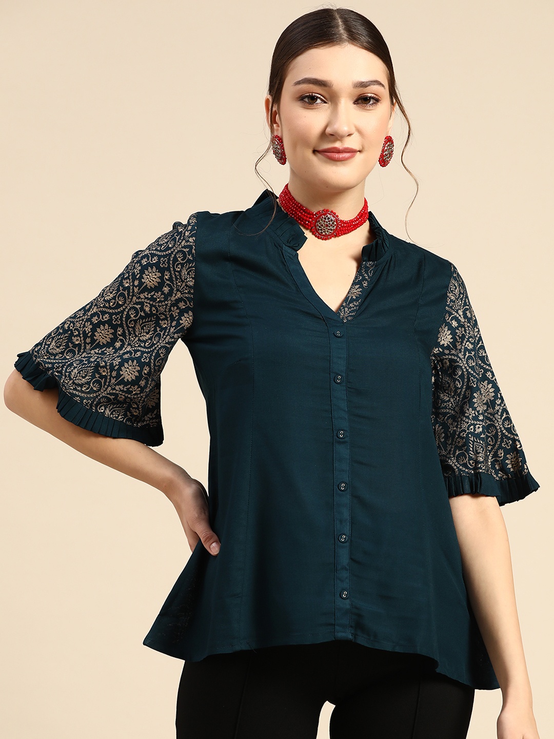 

Sangria Teal Blue Ethnic Motifs Printed Mandarin Collar Ruffles Top