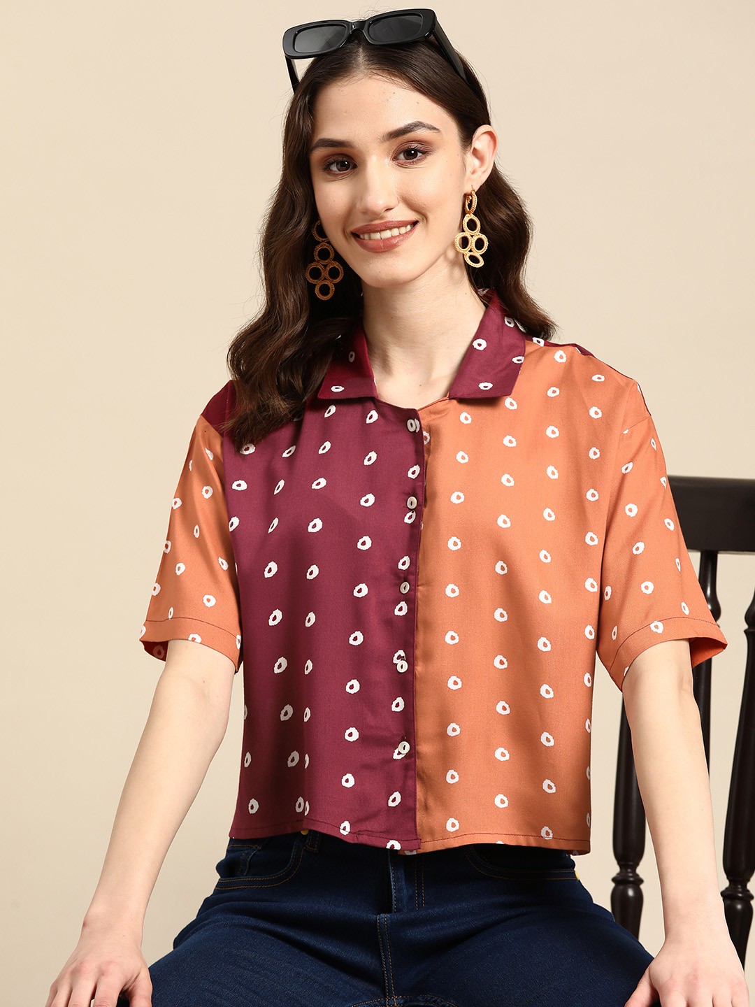 

Sangria Bandhani Print Pure Cotton Shirt Style Top, Maroon