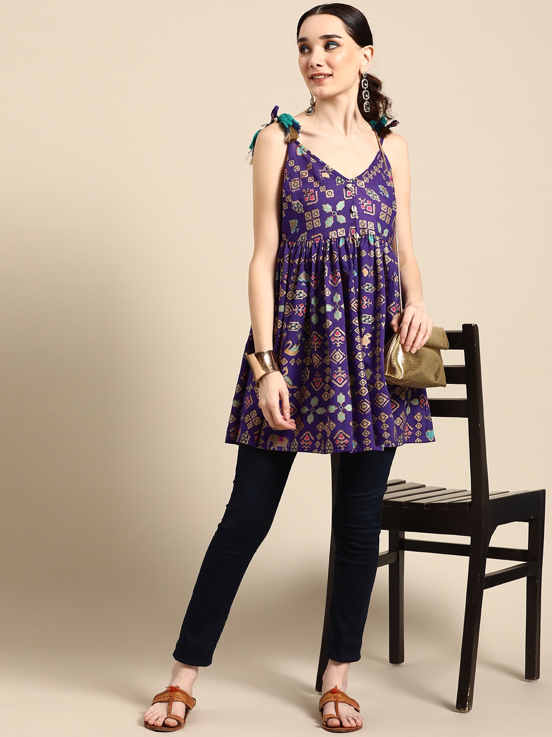 

Sangria Purple & Golden Printed Longline Fusion Top